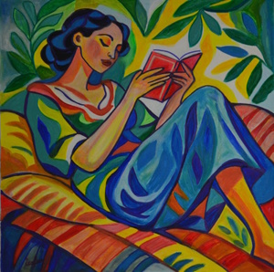 Peinture Isafara représentant une femme lisant